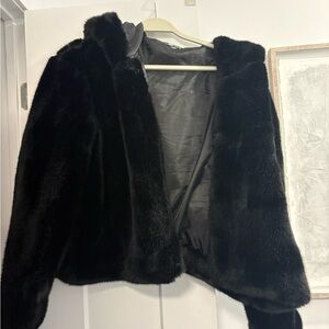 AXARA: Black Faux Fur Jacket - Hooded Poncho Style